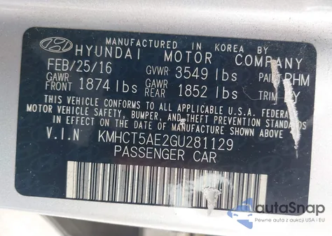 2016 Hyundai Accent Se z USA, uszkodzony, nr VIN KMHCT5AE2GU281129